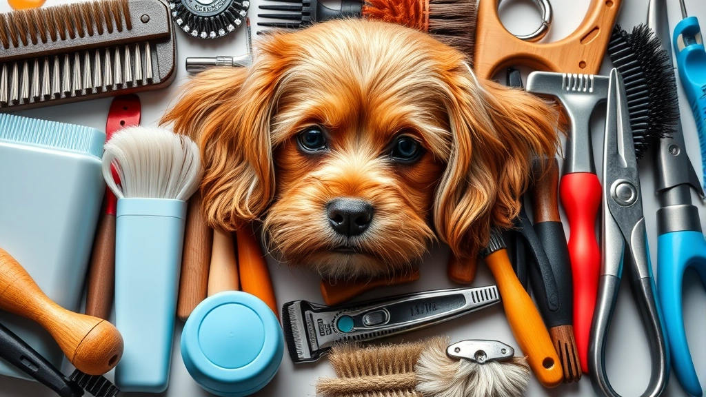 dog outline -
Photorealistic close-up of various dog grooming tools and supplies arranged nea