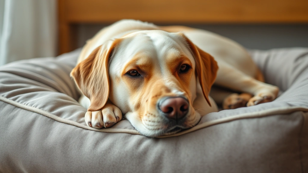 dog pain medicine -
Photorealistic image of an elderly labrador resting comfortably on an orthopedi