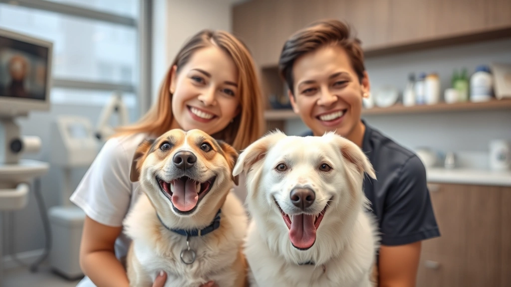 dog pain medicine -
both smiling in a modern veterinary office
