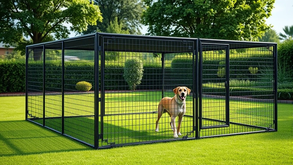 dog panel kennel -
Photorealistic image of a large dog exercise pen setup outdoors on a green lawn