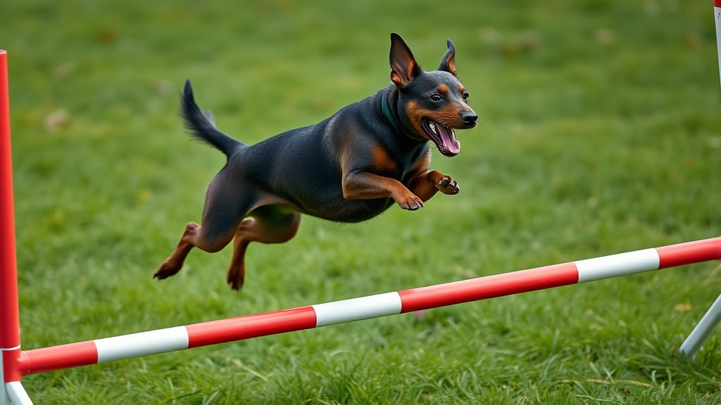 dog patterdale terrier -
A photorealistic Patterdale Terrier mid-jump during an agility course, showing 