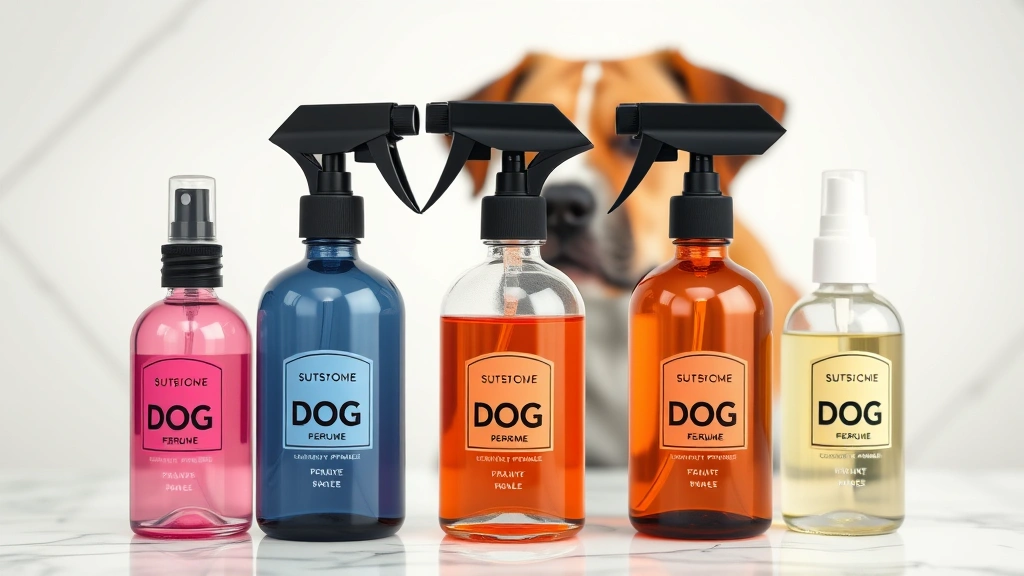 dog perfume -
Photorealistic close-up of five different colorful dog perfume spray bottles ar