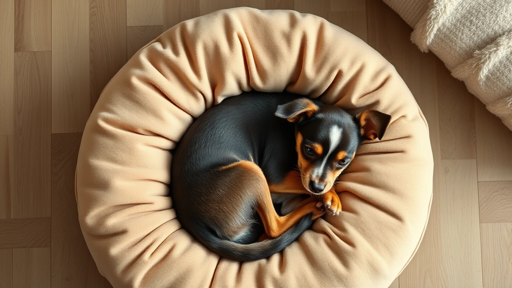 dog pillow -
Photorealistic overhead view of a small dog curled up in a donut-style bolster 
