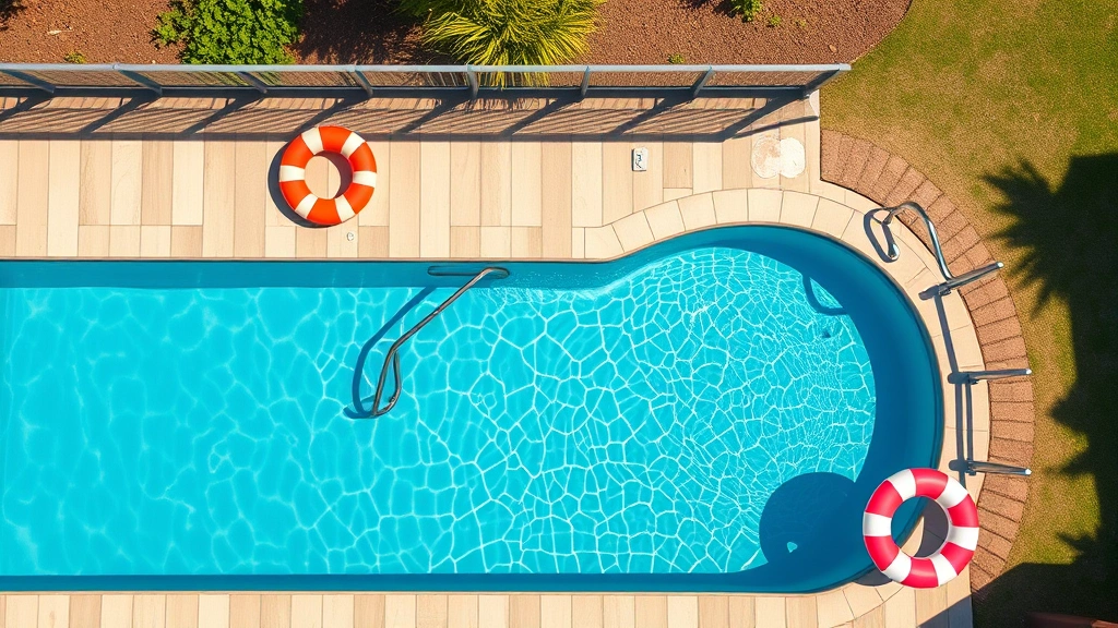 dog pool near me -
Photorealistic overhead view of a backyard swimming pool with safety fence, cle