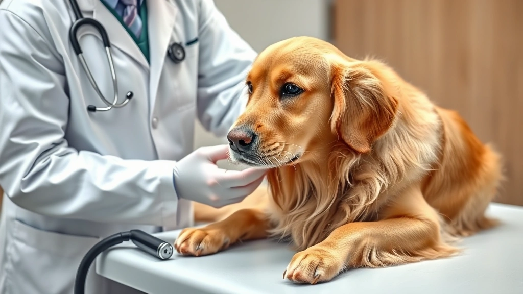 dog poop like jelly with blood -
Photorealistic image of a veterinarian in a white coat examining a sick golden 