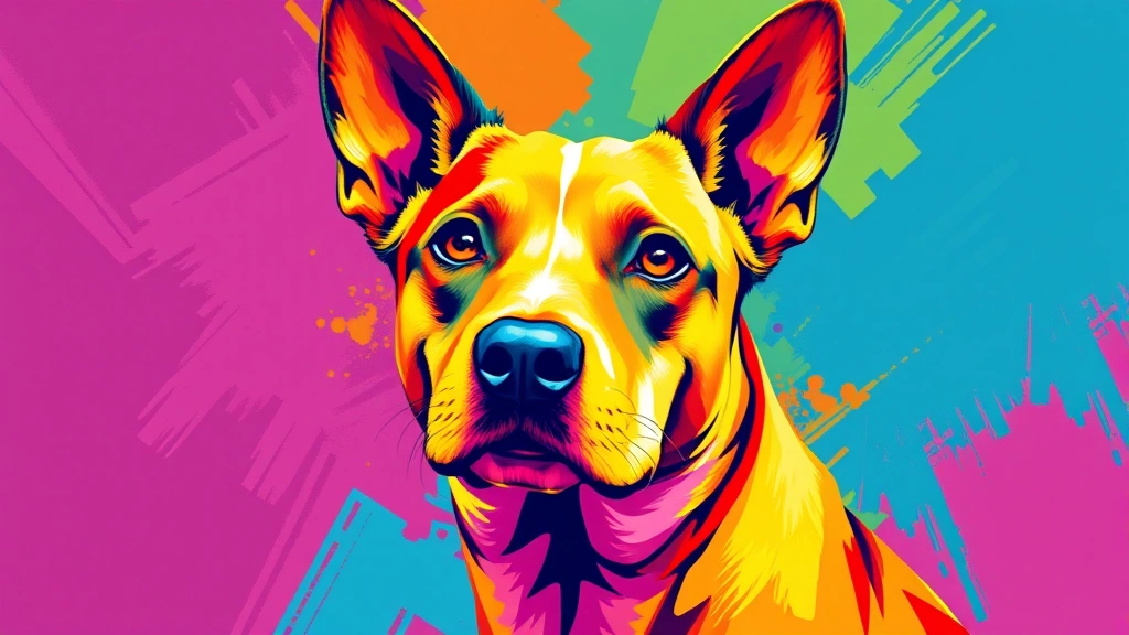 dog portraits -
A vibrant pop art style digital illustration of a colorful dog portrait with bo