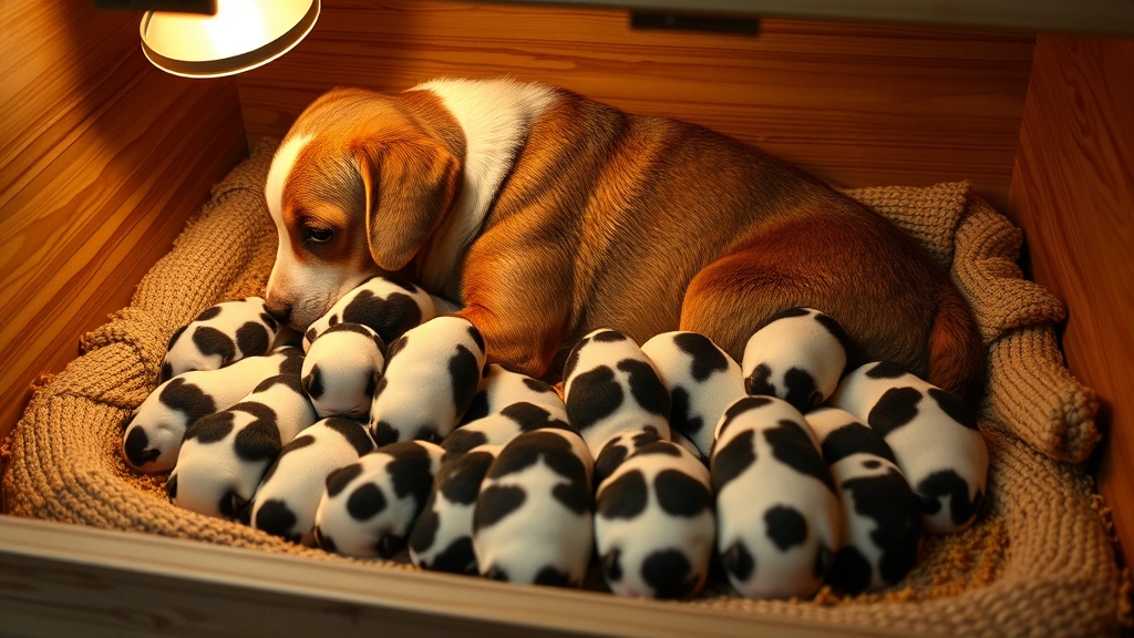 dog pregnancy calculator -
Newborn puppies huddled together with mother dog in prepared whelping box with 