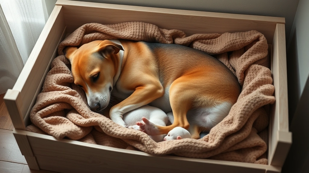 dog pregnancy signs week by week -
Photorealistic image of a pregnant dog nesting in a comfortable whelping box wi
