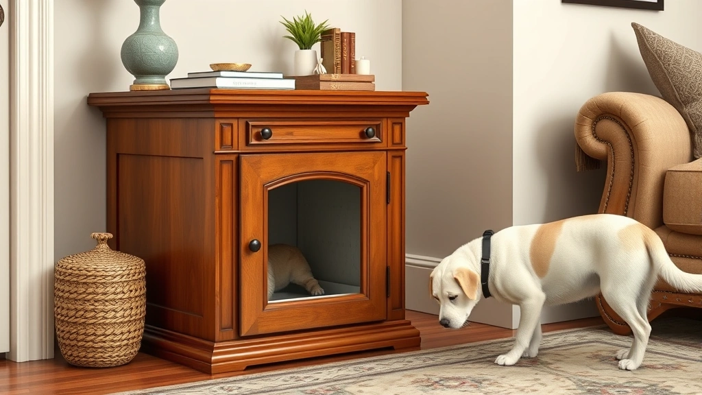 dog proof litter box -
Photorealistic image of a wooden cabinet-style litter box in a living room corn