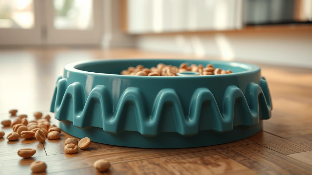 dog puking up -
photorealistic close-up of a slow-feeder dog bowl with kibble, showing the puzz