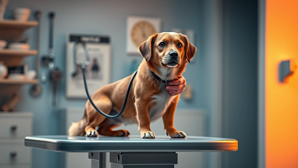 dog puking up -
photorealistic image of a veterinarian examining a medium-sized brown dog on an