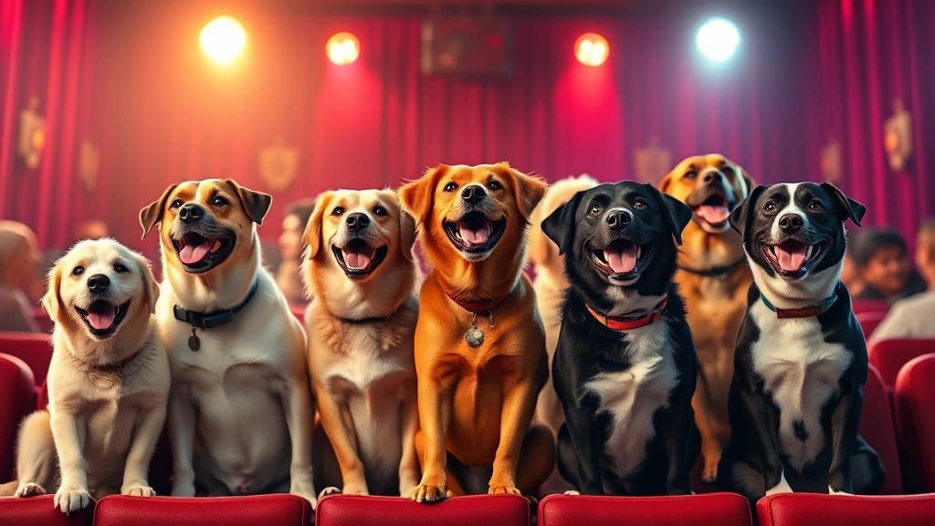 dog puns -
A group of diverse dogs of different breeds sitting in a comedy club setting wi