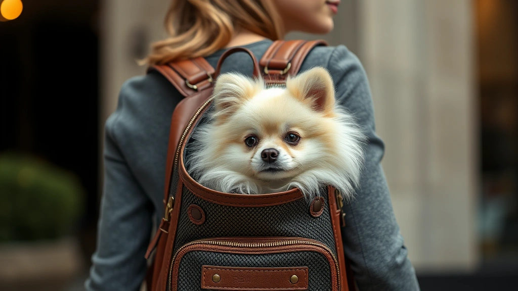 dog purse -
Photorealistic image of a woman wearing a designer dog purse backpack-style car
