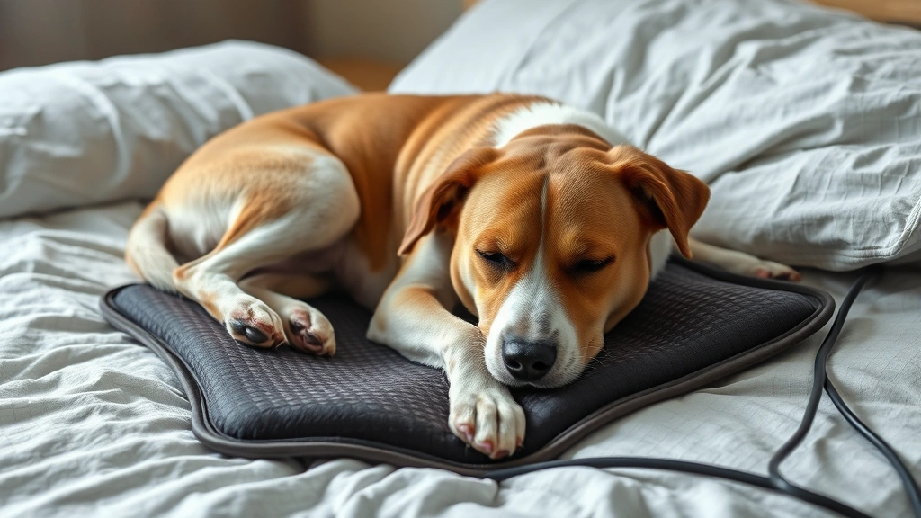 dog pussy -
Photorealistic image of a female dog resting comfortably on a bed with a heatin