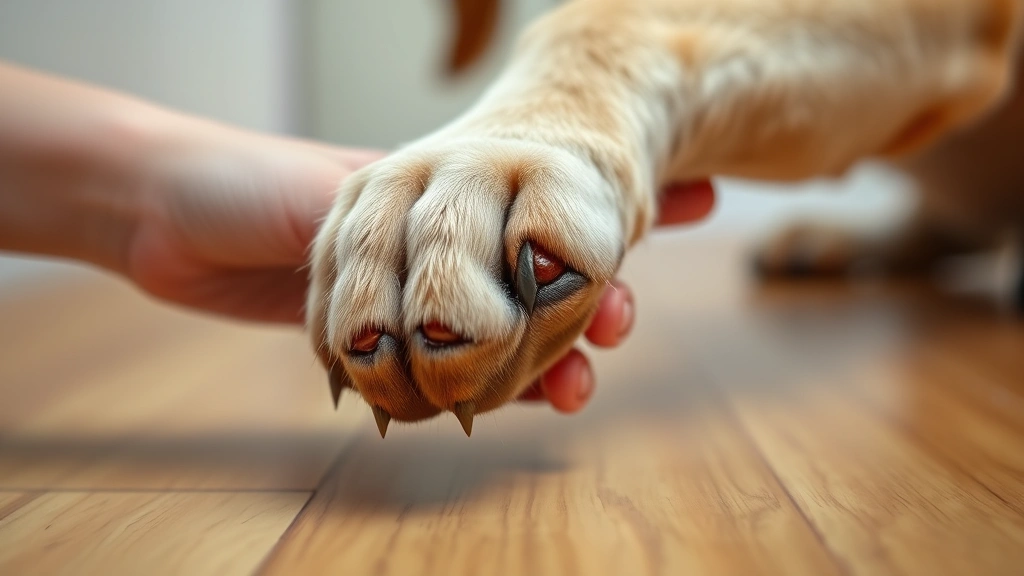 dog quotes -
Close-up of dog’s paw gently touching human hand on wooden floor
