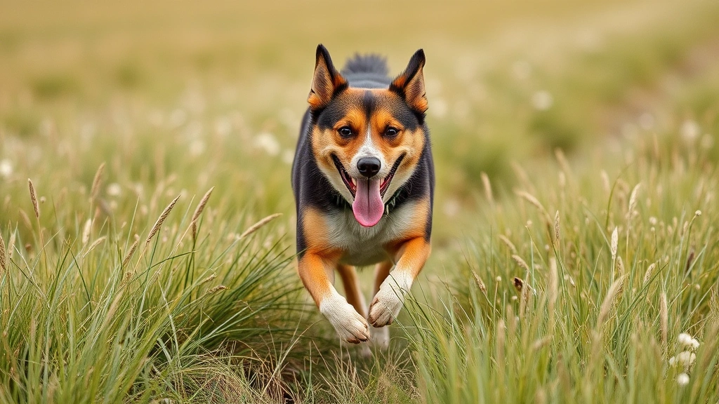 dog quotes -
Mixed breed dog running through grass field with tongue out
