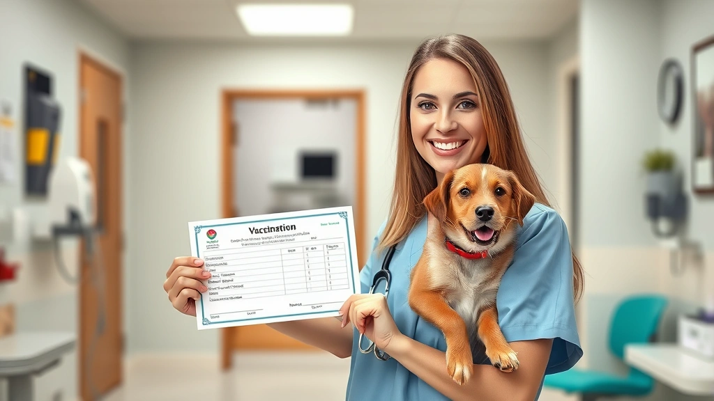 dog rabies vaccine -
Photorealistic style: Veterinary clinic interior with a friendly female veterin
