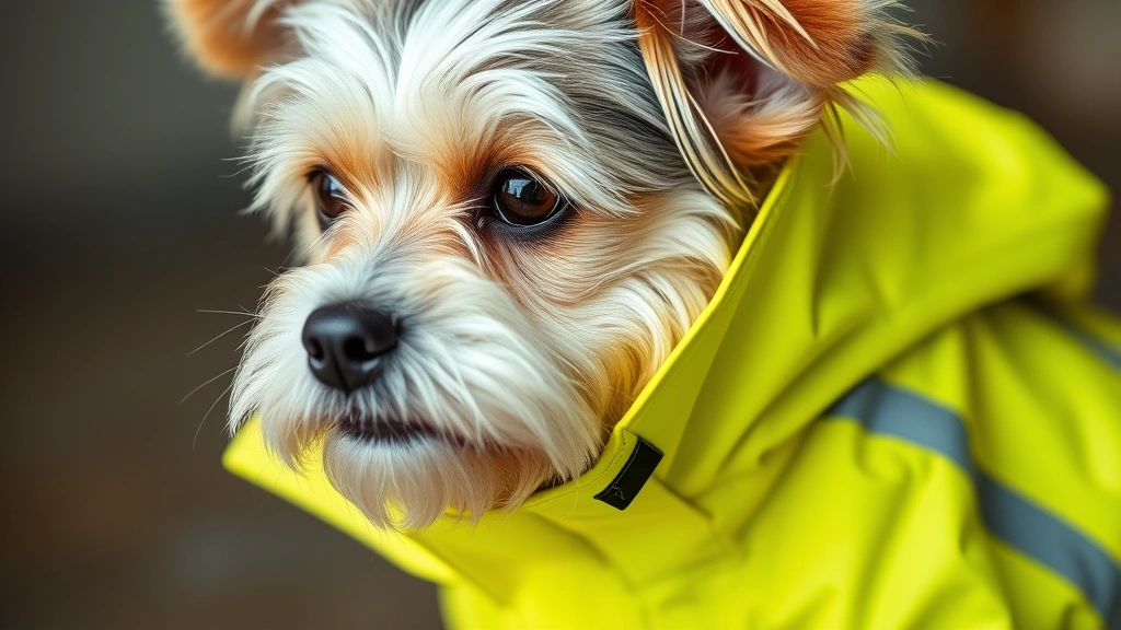 dog rain coat -
Close-up of a small terrier dog in a reflective yellow rain jacket with sealed 