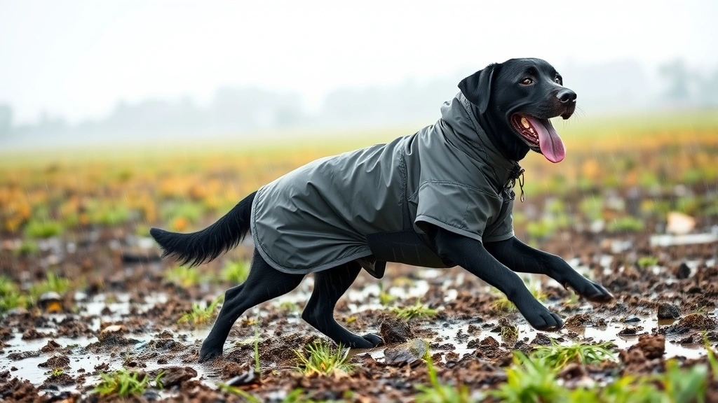 dog rain coat -
A large black labrador in a fleece-lined waterproof rain coat playing in a mudd