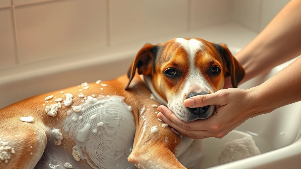 dog rash on belly -
Photorealistic image of a dog being gently bathed with oatmeal shampoo, hands a