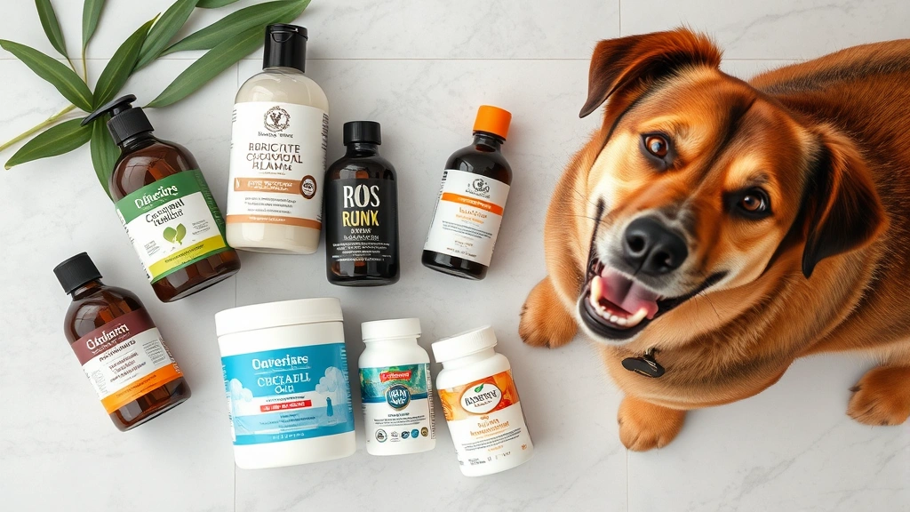 dog rash on belly -
Photorealistic overhead view of various dog skin care products including medica