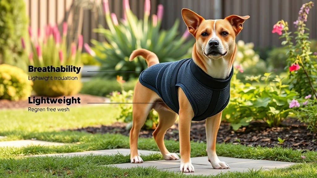 dog recovery suit -
Photorealistic image of a medium-sized dog wearing a mesh recovery suit in a ga