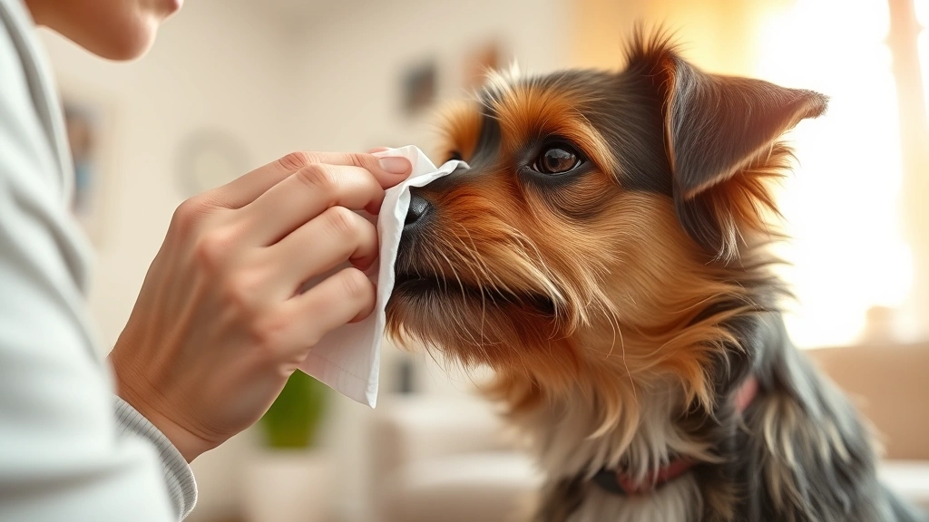 dog runny nose -
Photorealistic image of a dog owner wiping a small terrier’s nose with a 