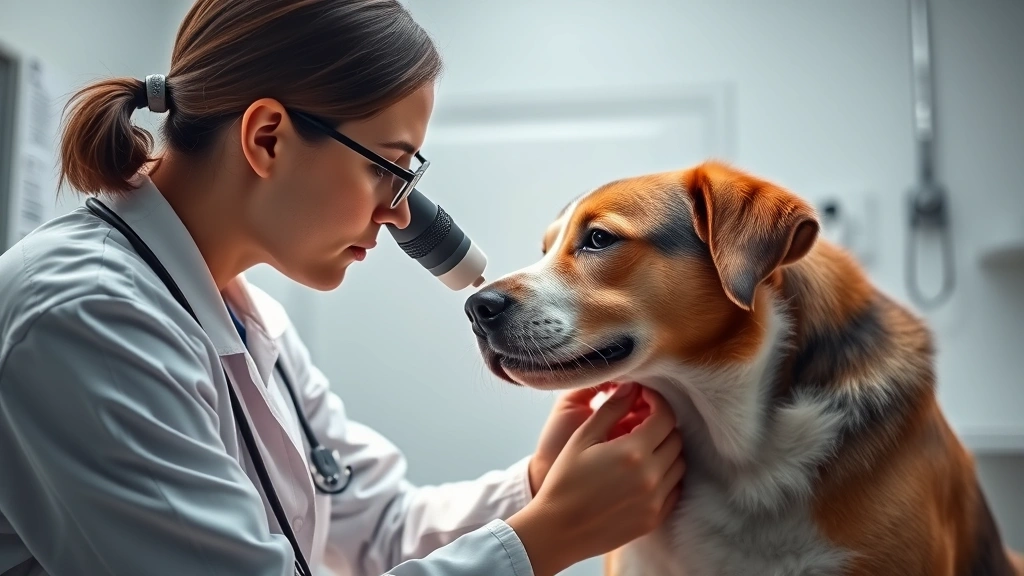 dog runny nose -
Photorealistic shot of a veterinarian examining a dog’s nasal cavity with
