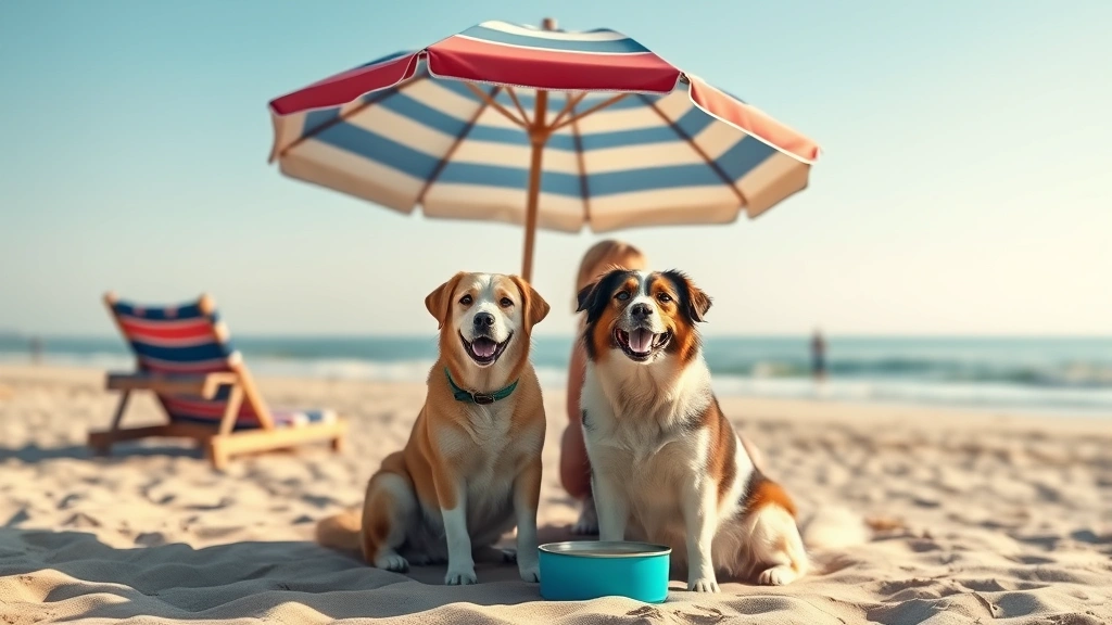 dog safe beaches -
Family with two dogs sitting under a beach umbrella on sand, dogs wearing colla