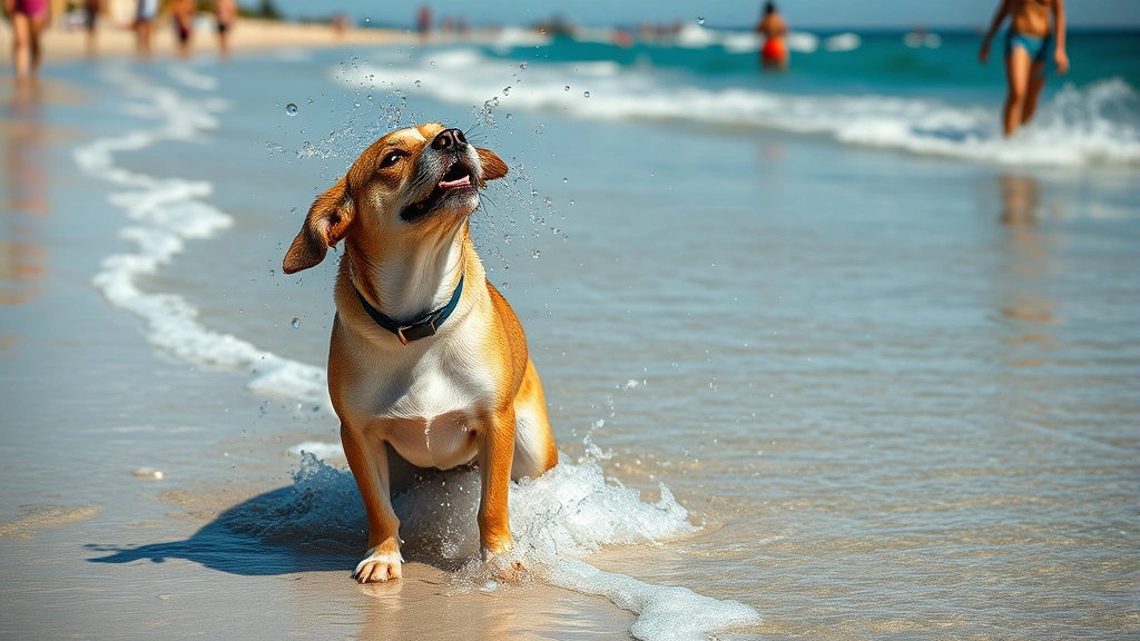dog safe beaches -
Dog shaking off water on beach sand after swimming in ocean, droplets flying, s