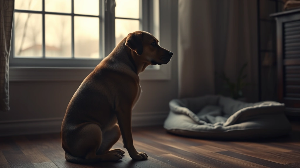 dog says goodbye to sister -
A sad-looking dog sitting alone by a window, looking out with a distant express