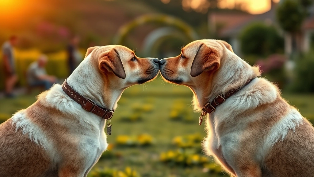 dog says goodbye to sister -
Two dogs touching noses in an outdoor garden setting during golden hour, one ap