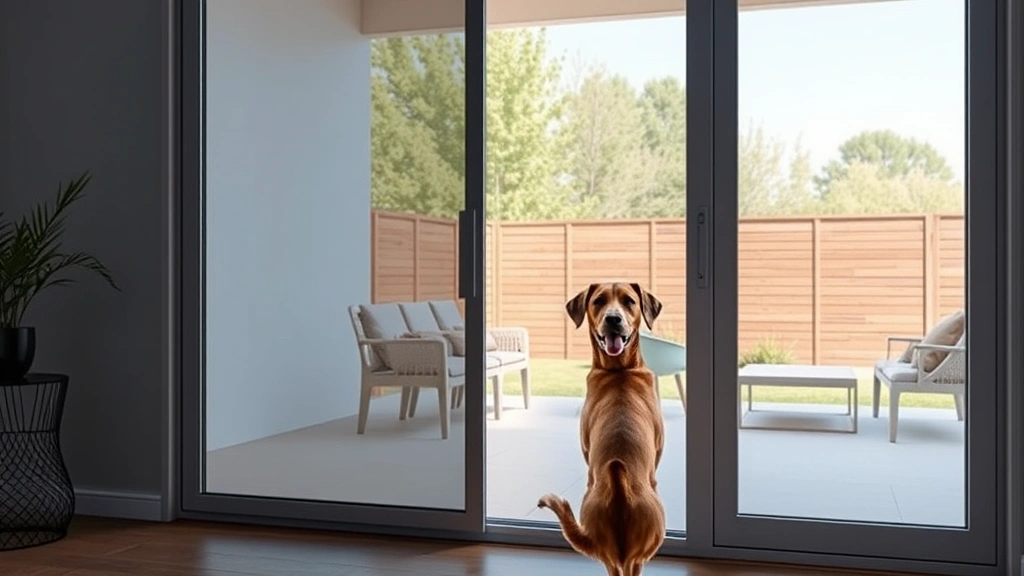 dog screen door -
Photorealistic photo of a modern sliding glass door with a fitted pet screen in