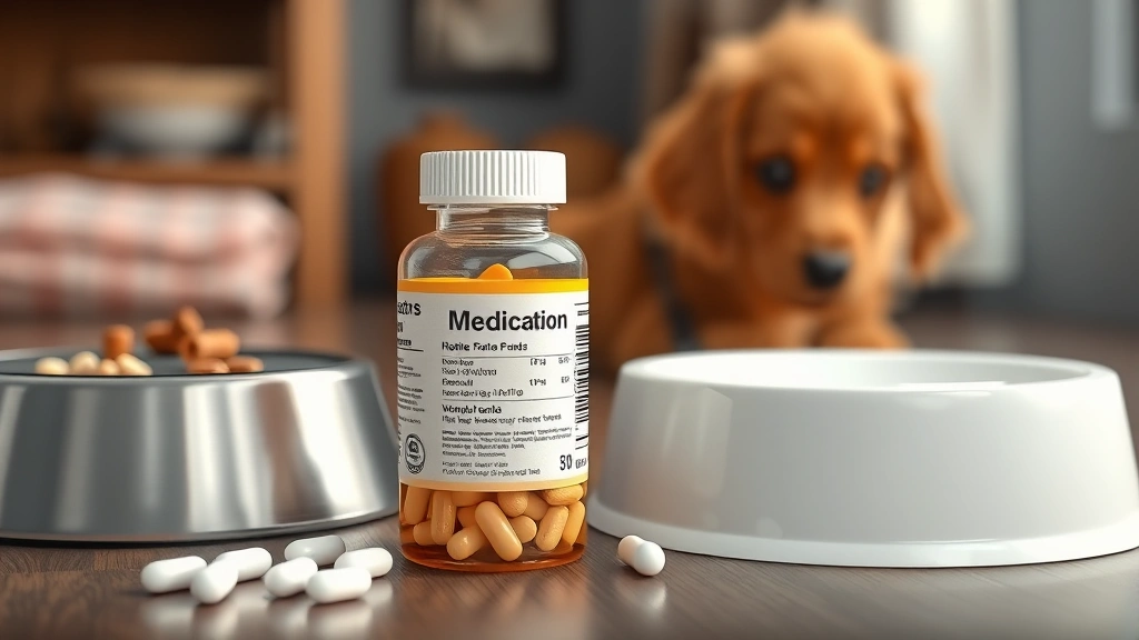 dog seizure medication -
Photorealistic image of a medication bottle with pills next to a water bowl and