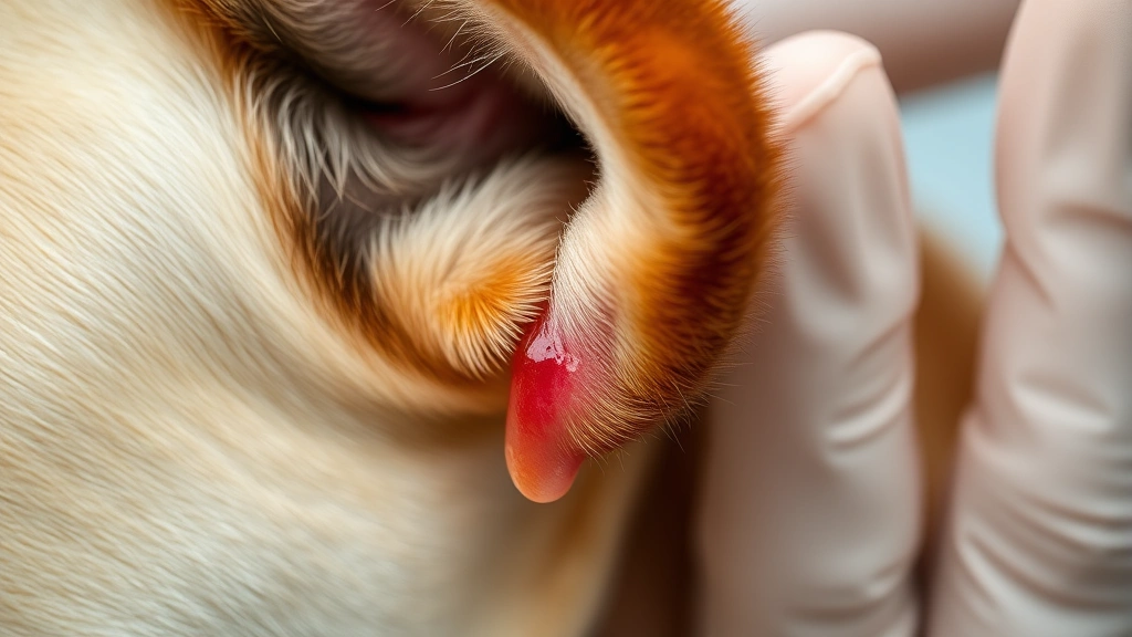 dog shaking -
Close-up of a dog’s ear showing redness and discharge, veterinary examina