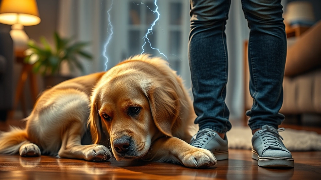 dog shaking -
An anxious golden retriever trembling during a thunderstorm, cowering near its 