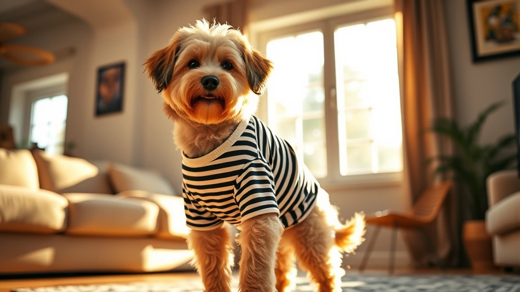 dog shirts -
A fluffy dog wearing a striped casual shirt standing in a sunny living room by 
