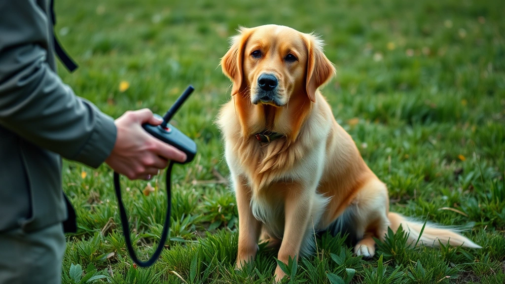 dog shock collar with remote -
Photorealistic photo of a trainer holding a remote control device while a golde