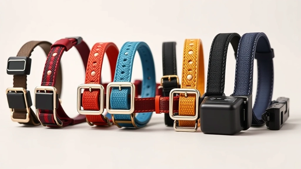 dog shock collar with remote -
Photorealistic close-up of various dog training collar models arranged in a lin