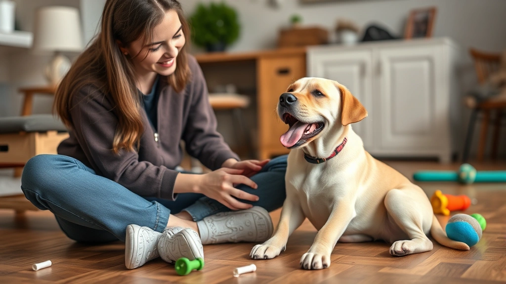 dog sitting rates -
Pet sitter sitting on the floor playing with an excited labrador puppy in a coz