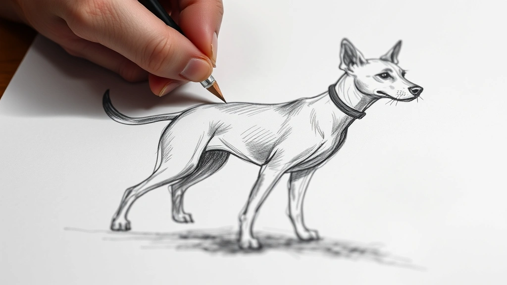 dog sketch -
showing artist’s hand and partially completed dog sketch with visible sha