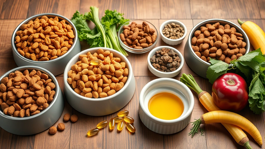 dog skin conditions -
Photorealistic image of various dog food bowls with high-quality kibble and sup