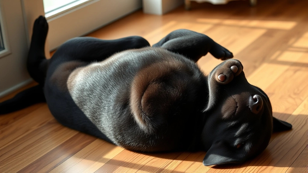 dog sleeping positions meaning -
A black Labrador sleeping on its back with paws in the air on hardwood floor, p