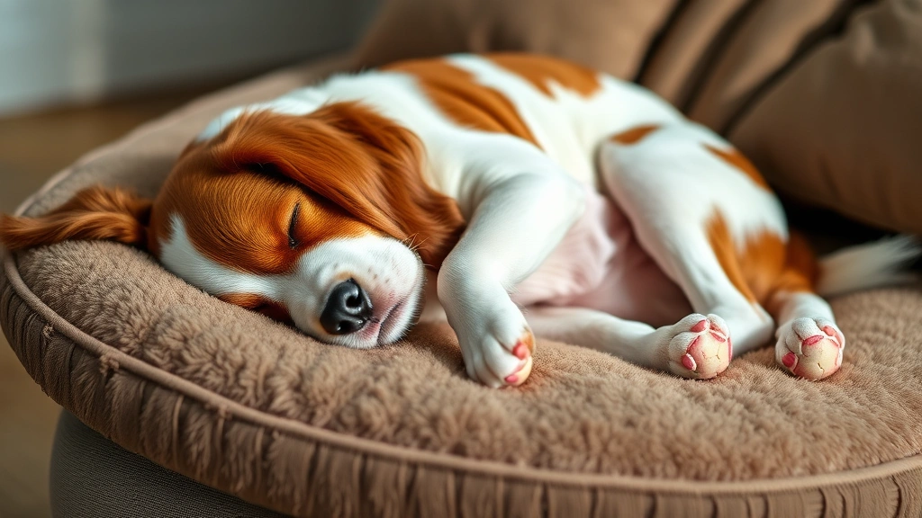 dog sleeping positions meaning -
A brown and white spaniel sleeping on its side with front legs extended on a pl