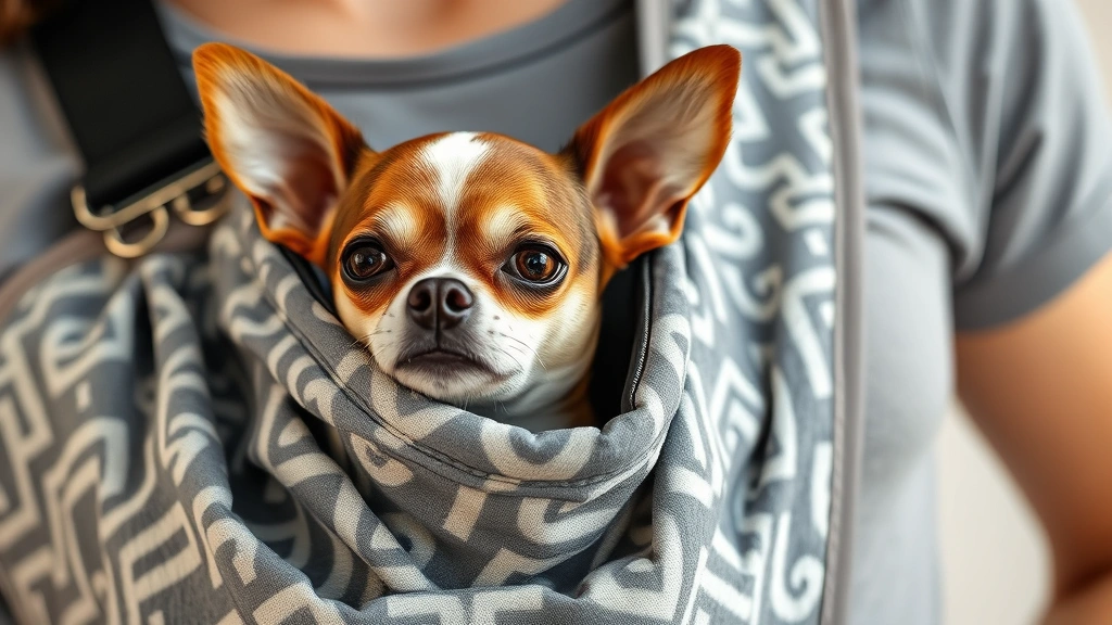 dog sling -
Photorealistic image of a chihuahua in a stylish gray and white patterned dog s