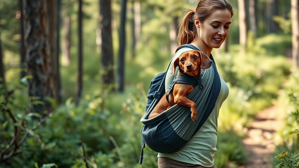 dog sling -
Photorealistic image of a woman hiking on a forest trail wearing a water-resist