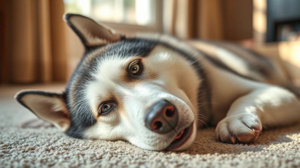 dog smiling meme -
Photorealistic Husky with expressive eyes and gentle facial expression lying on