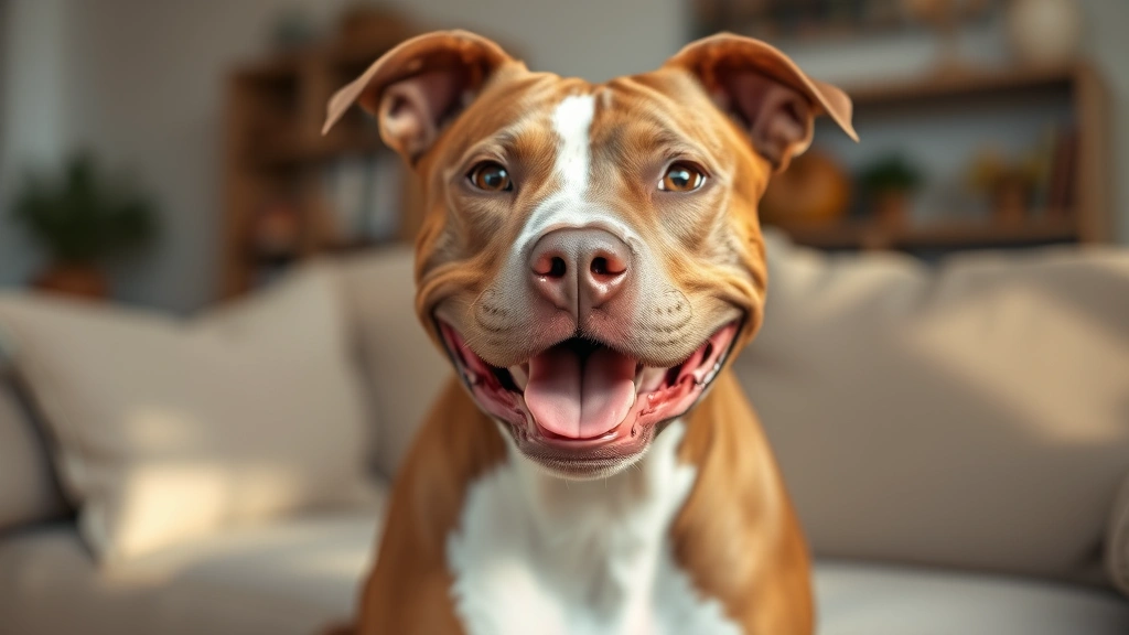 dog smiling meme -
Photorealistic pit bull with sweet gentle expression and slightly open mouth ap