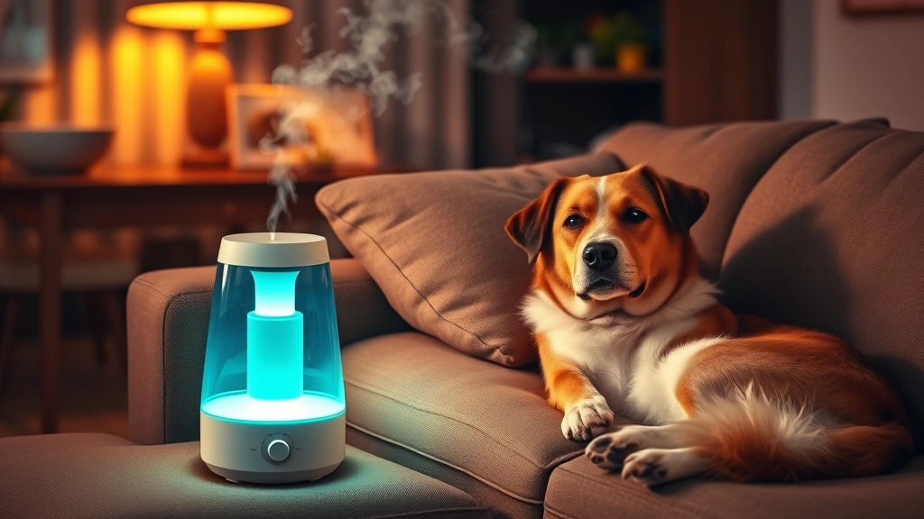 dog sneezing a lot -
Photorealistic image of a dog resting on a couch next to a humidifier with mist