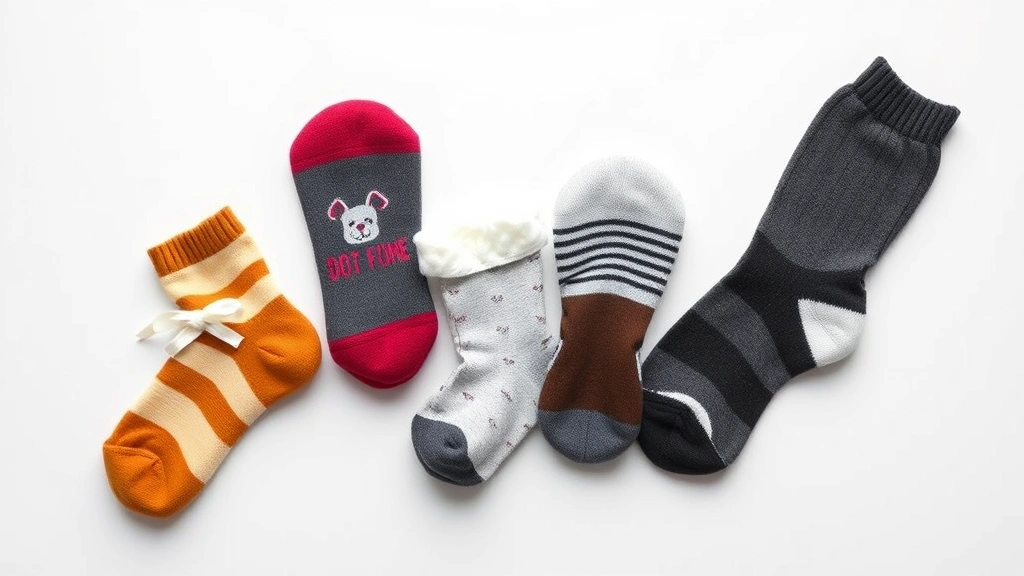 dog socks -
Photorealistic overhead view of five different types of dog socks displayed on 